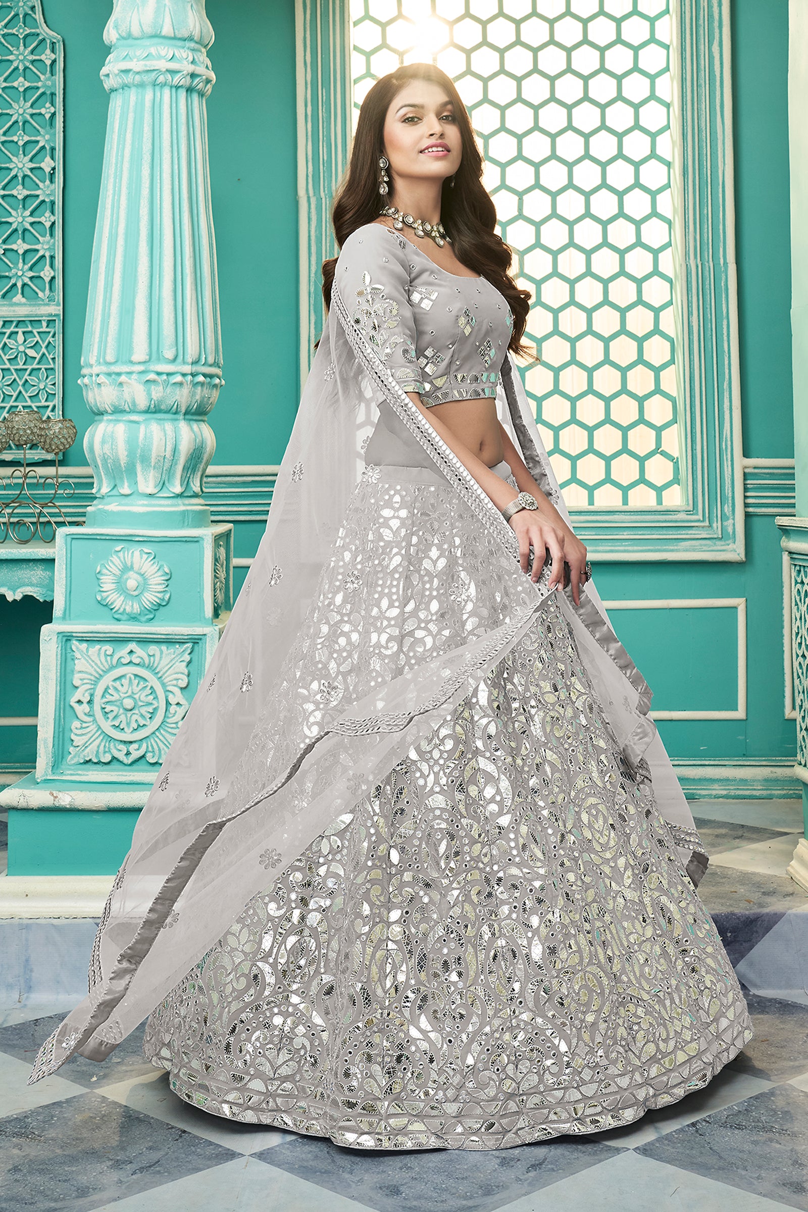 Light Grey Color Georgette Fabric Gota Work Lehenga Choli ClothsVilla