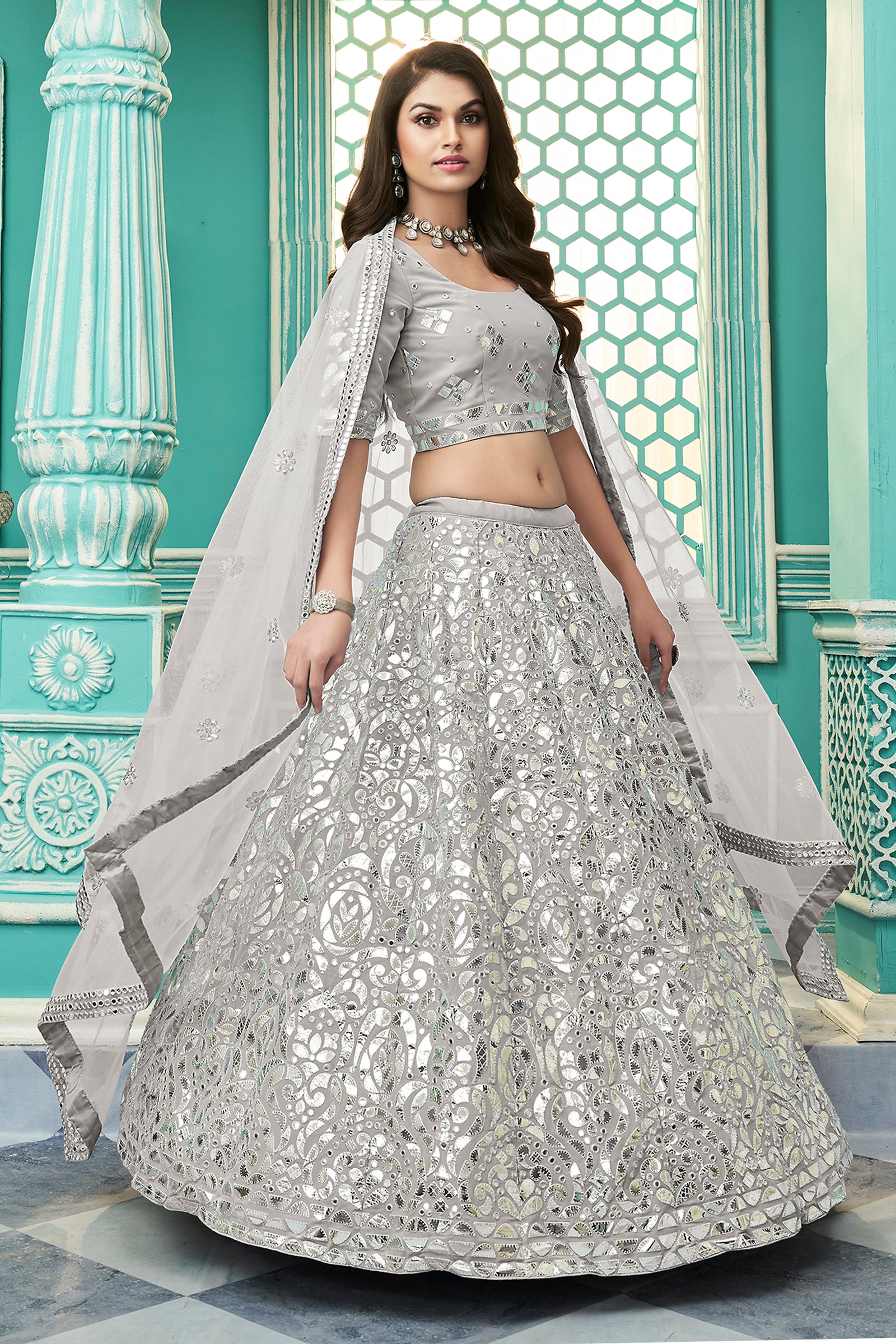 Light Grey Color Georgette Fabric Gota Work Lehenga Choli ClothsVilla