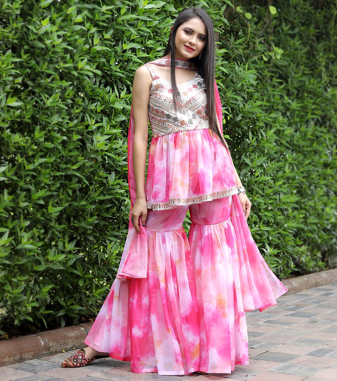 Light Pink Color Shibori Print Thread Sequence Work Sharara Suit Clothsvilla
