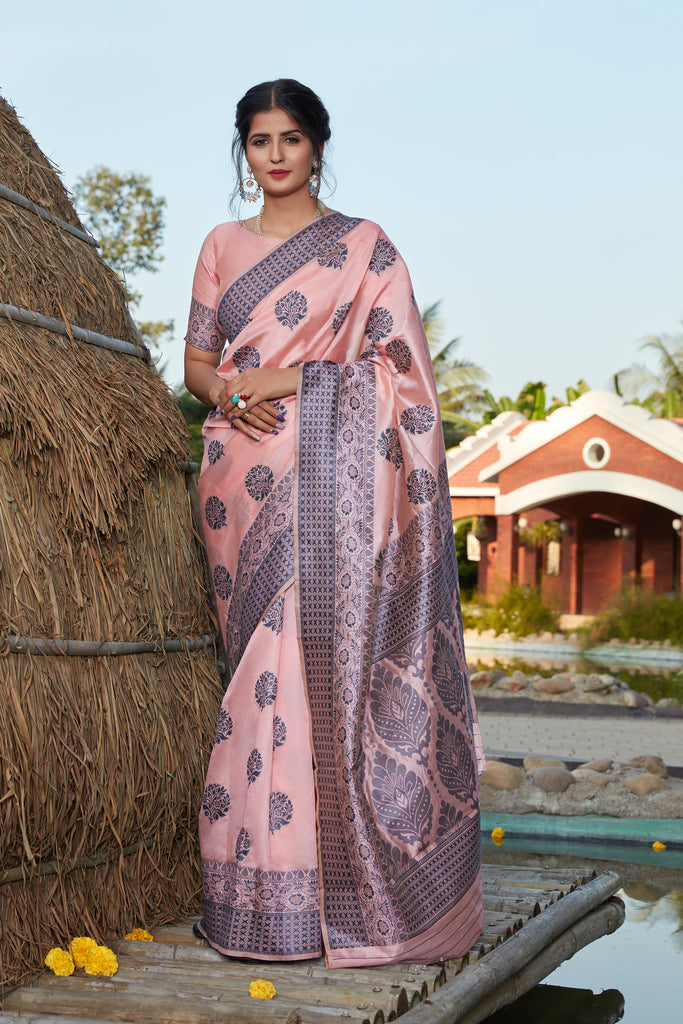 Light Pink Weaving Banarasi Silk Festival Wear Saree ClothsVilla