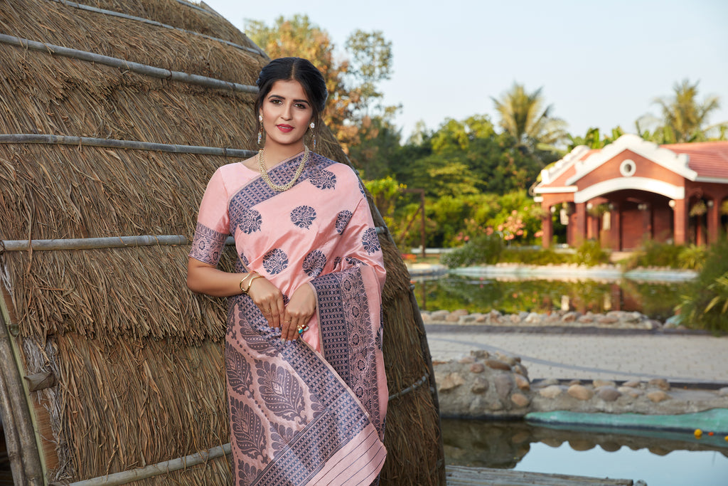 Light Pink Weaving Banarasi Silk Festival Wear Saree ClothsVilla