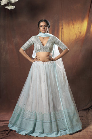 Light Blue Pakistani Net Lehenga Choli For Indian Festivals & Weddings - Sequence Embroidery Work, Resham Embroidery Work, Clothsvilla