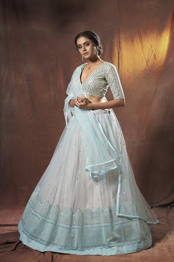 Light Blue Pakistani Net Lehenga Choli For Indian Festivals & Weddings - Sequence Embroidery Work, Resham Embroidery Work, Clothsvilla