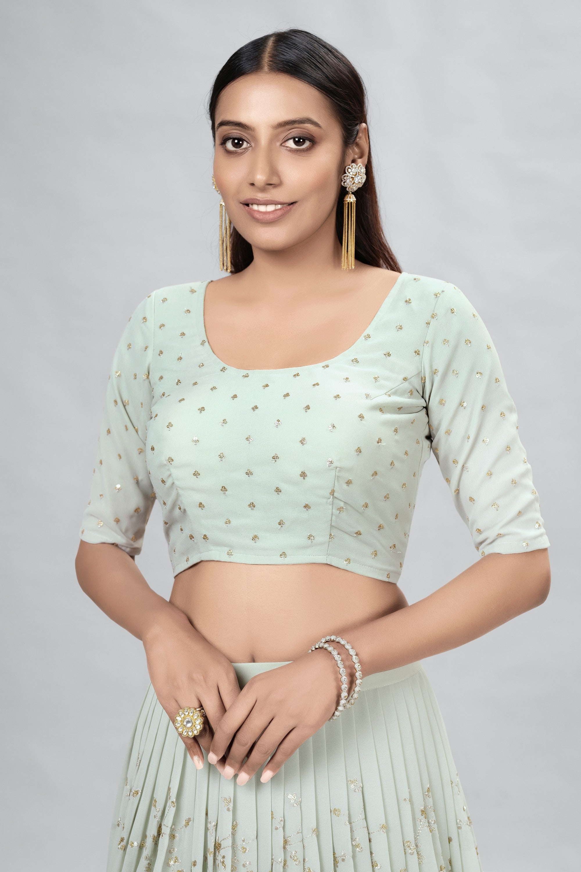 Light Green Indian Georgette Lehenga Choli With Ruffle Dupatta For Indian Festival & Weddings - Sequence Embroidery Work, Secondary image