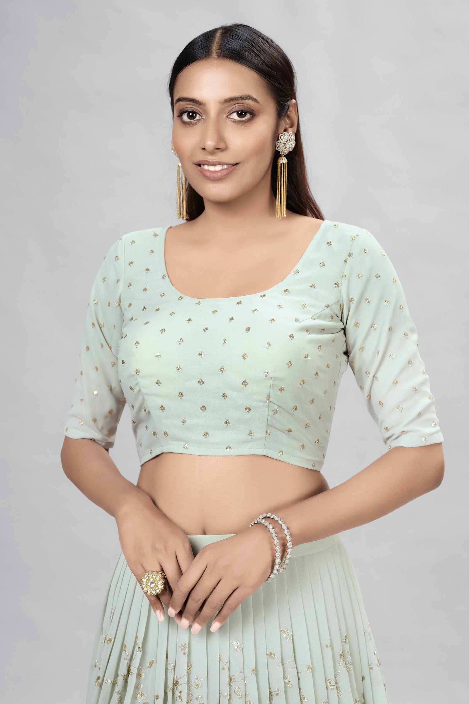 Light Green Indian Georgette Lehenga Choli With Ruffle Dupatta For Indian Festival & Weddings - Sequence Embroidery Work, Clothsvilla