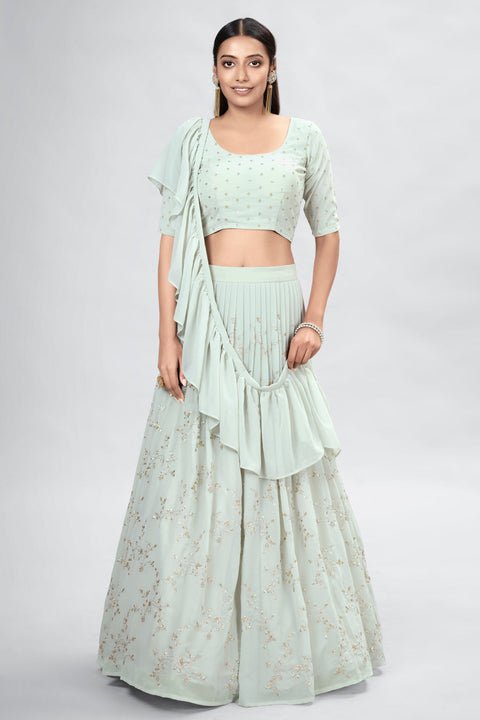 Light Green Indian Georgette Lehenga Choli With Ruffle Dupatta For Indian Festival & Weddings - Sequence Embroidery Work, Clothsvilla Main image