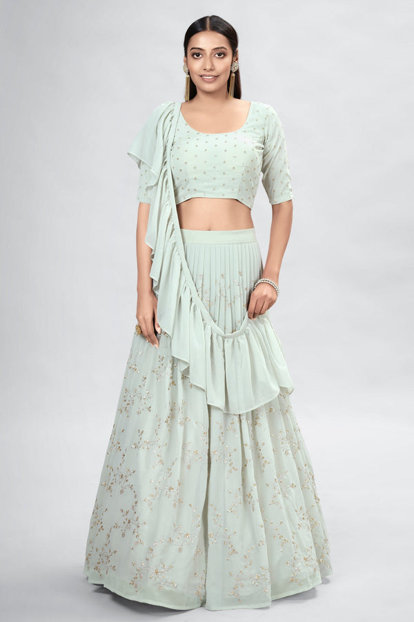 Light Green Indian Georgette Lehenga Choli With Ruffle Dupatta For Indian Festival & Weddings - Sequence Embroidery Work, Clothsvilla
