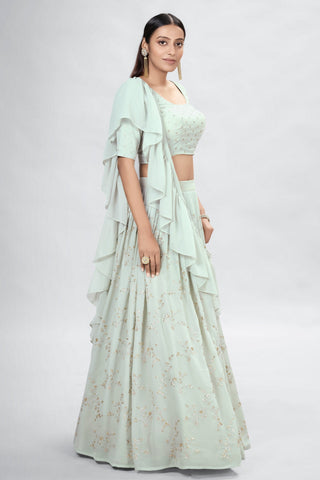Light Green Indian Georgette Lehenga Choli With Ruffle Dupatta For Indian Festival & Weddings - Sequence Embroidery Work, Clothsvilla