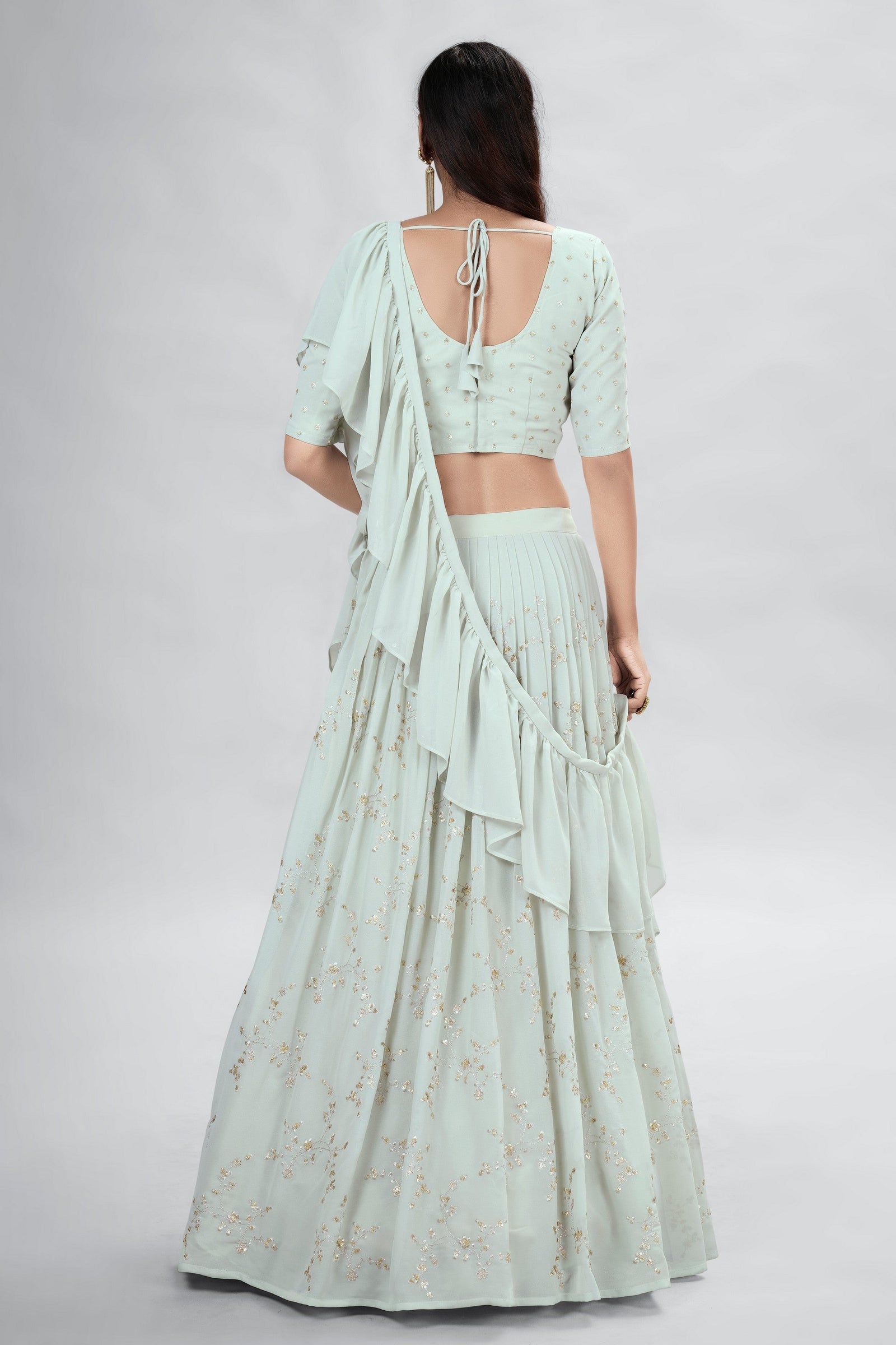 Light Green Indian Georgette Lehenga Choli With Ruffle Dupatta For Indian Festival & Weddings - Sequence Embroidery Work, Clothsvilla