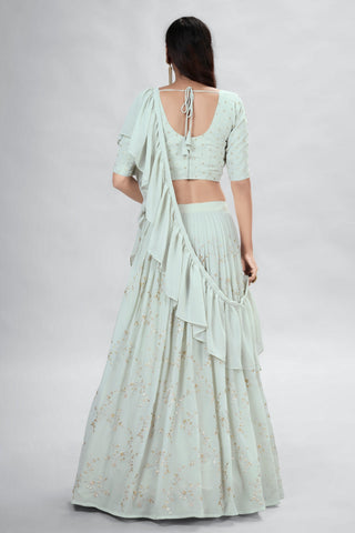 Light Green Indian Georgette Lehenga Choli With Ruffle Dupatta For Indian Festival & Weddings - Sequence Embroidery Work, Clothsvilla