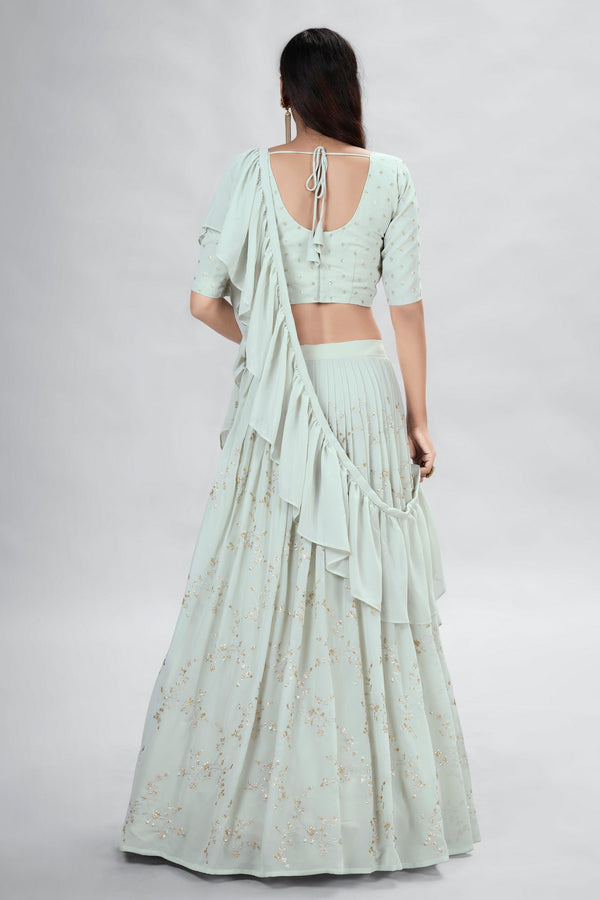 Light Green Indian Georgette Lehenga Choli With Ruffle Dupatta For Indian Festival & Weddings - Sequence Embroidery Work, Clothsvilla