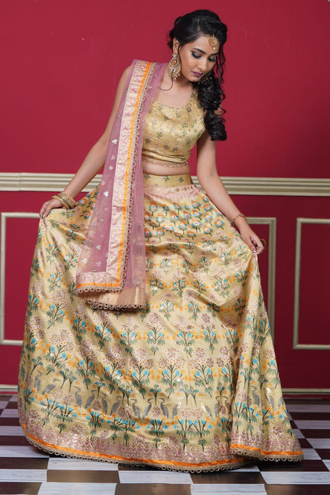 Lime Yellow Pakistani Silk Lehenga Choli For Indian Festival & Weddings - Print Work, Swarovski Work Clothsvilla Main image