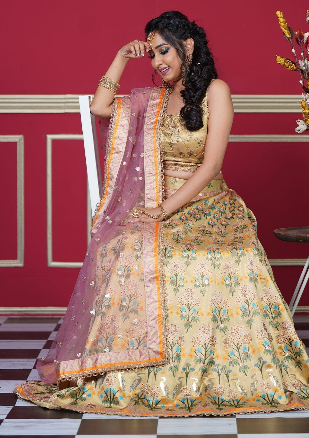 Lime Yellow Pakistani Silk Lehenga Choli For Indian Festival & Weddings - Print Work, Swarovski Work Clothsvilla