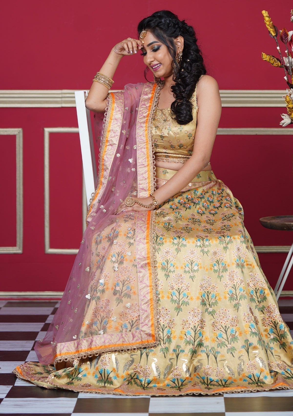Lime Yellow Pakistani Silk Lehenga Choli For Indian Festival & Weddings - Print Work, Swarovski Work Clothsvilla