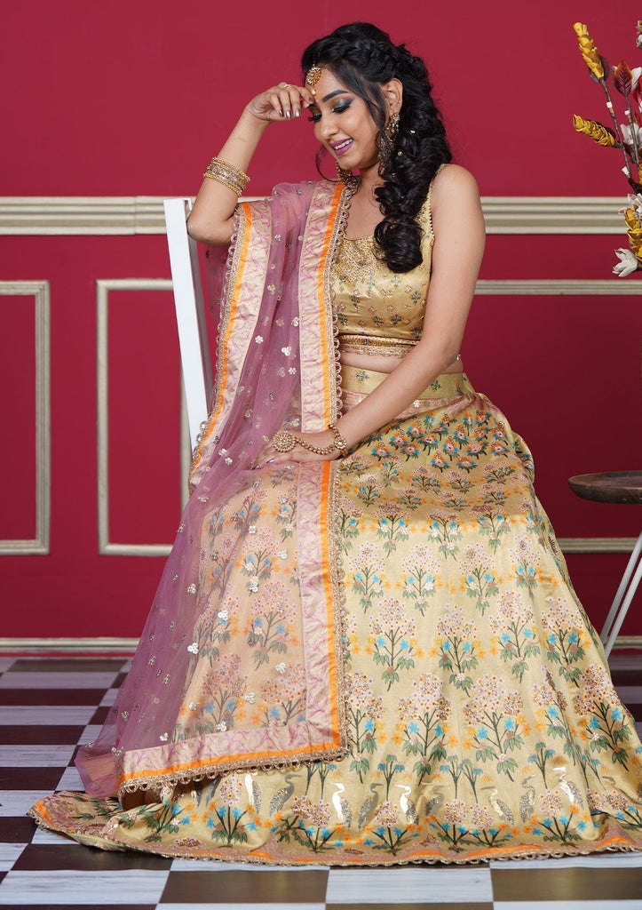 Lime Yellow Pakistani Silk Lehenga Choli For Indian Festival