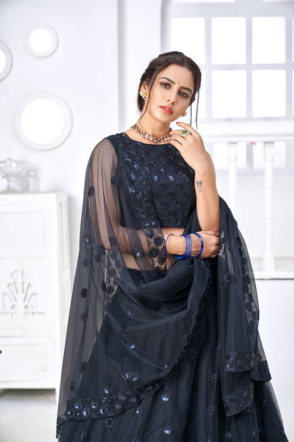 Lovely Navy Blue Thread Embroidery Festive Wear Lehenga Choli ClothsVilla