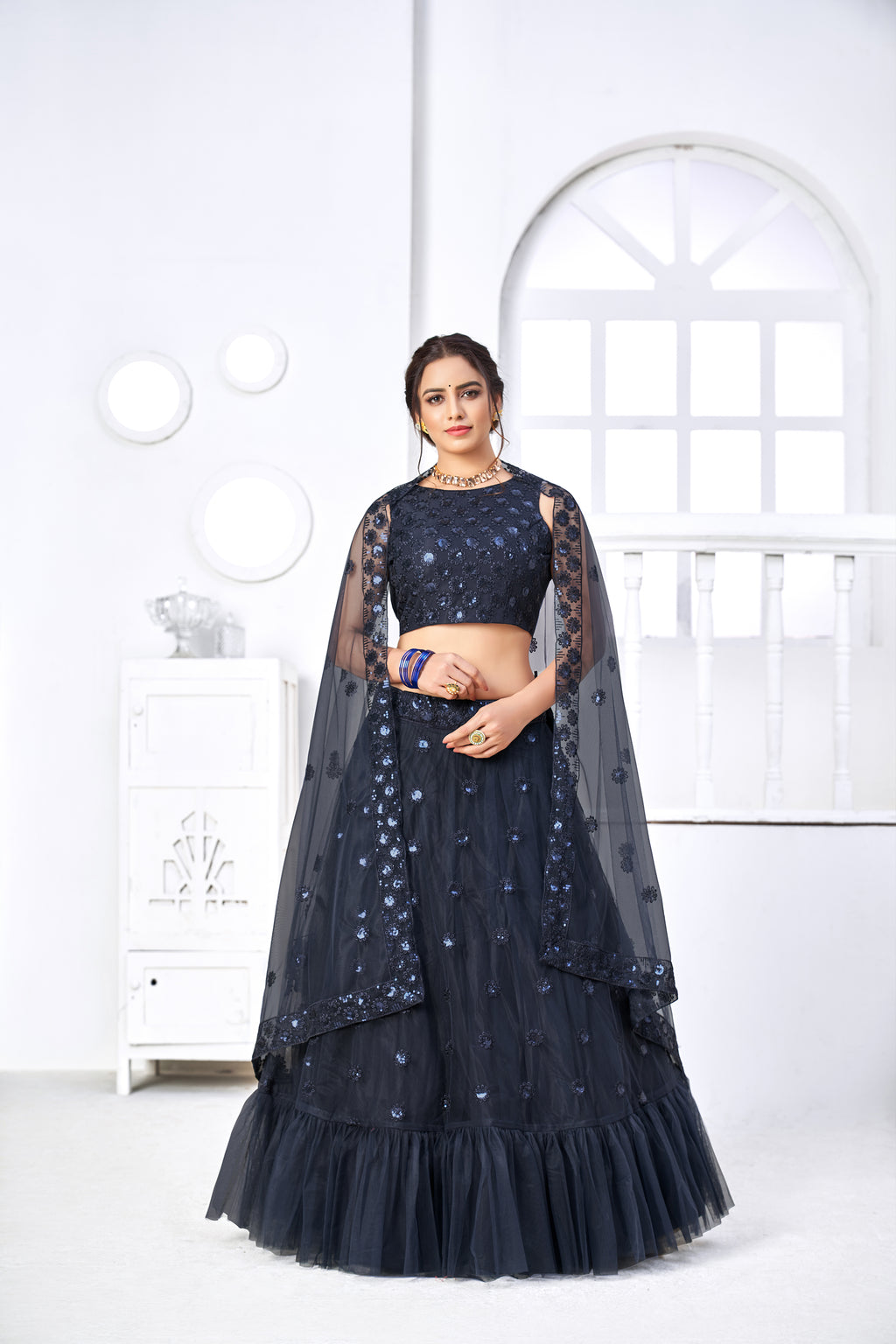 Lovely Navy Blue Thread Embroidery Festive Wear Lehenga Choli ClothsVilla