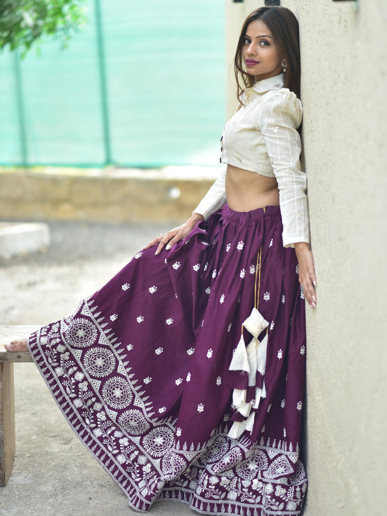 Wine Color Collared Blouse Pure Cotton Lehenga Choli With Lucknowi Worked