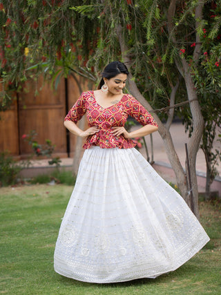 White Color Paper Mirror And Thread Embroidery Work Georgette Two Piece Lehenga Choli Set Clothsvilla