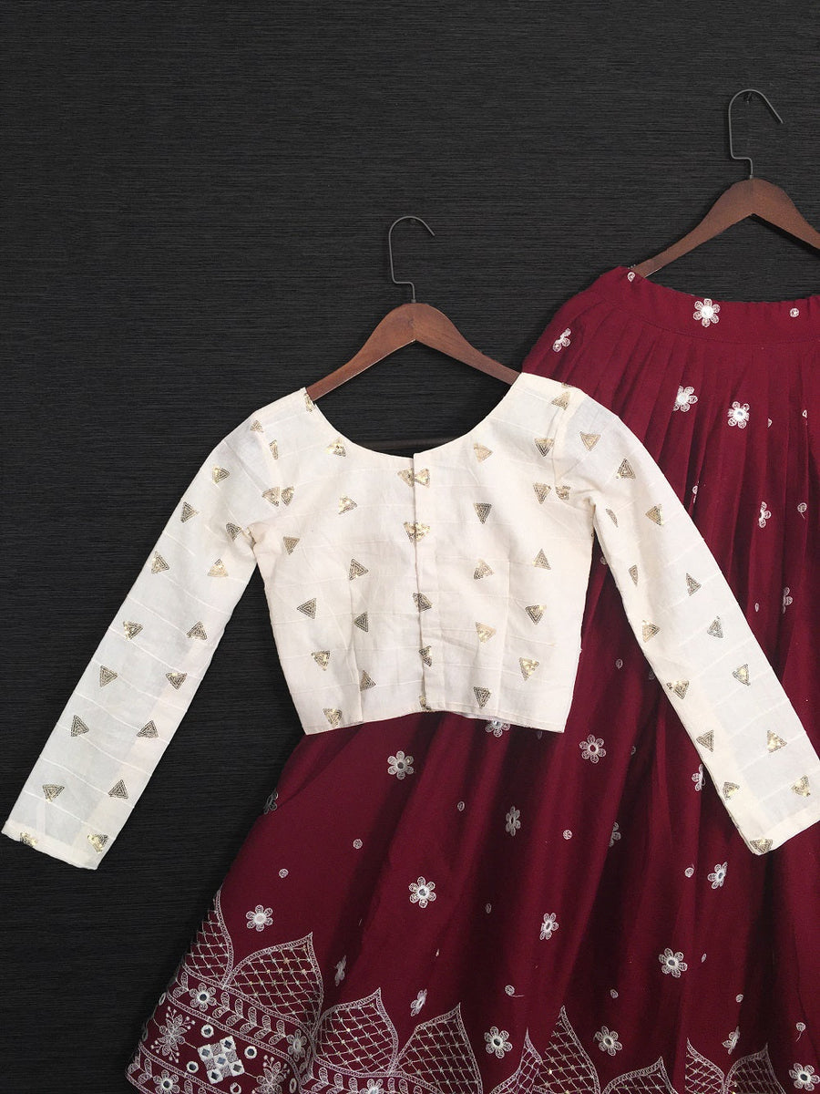 Maroon Rayon Lucknowi Chikankari With Stylish Sleeveless Crop Top Lehe –  garment villa