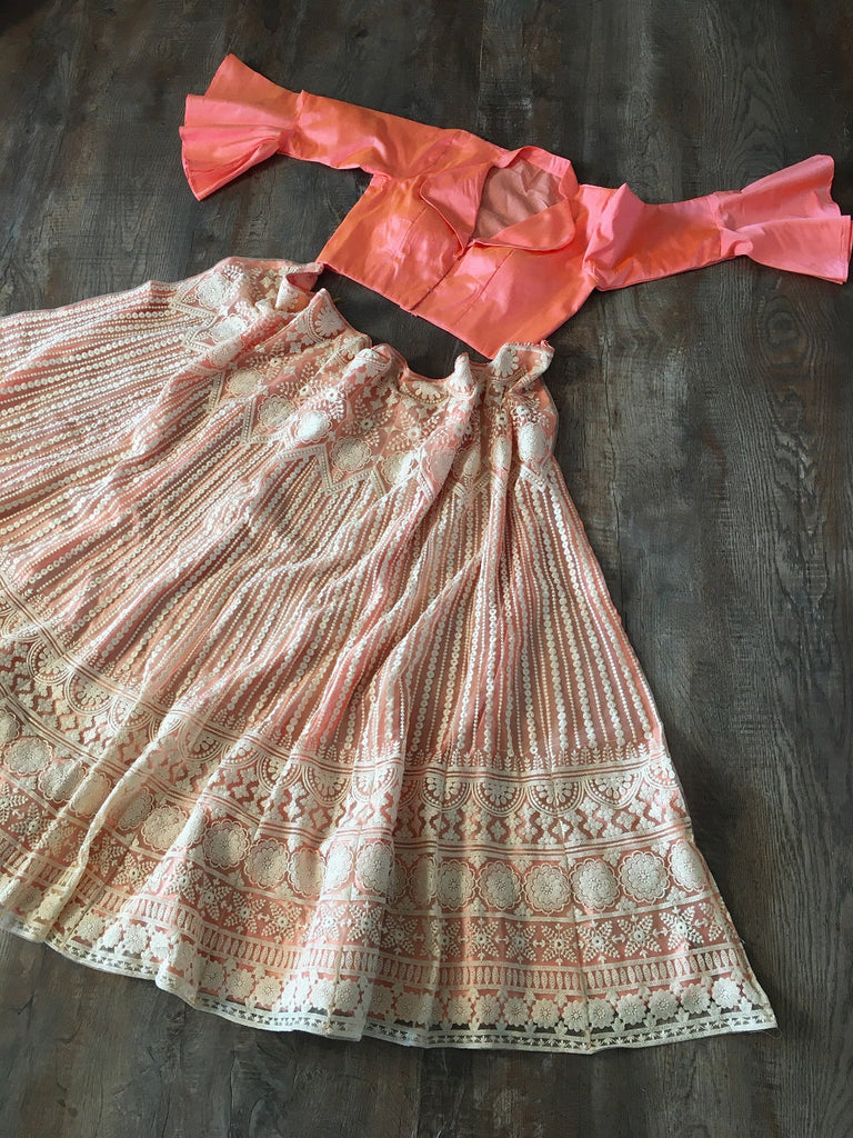 Peach Color Lucknowi Net Fabric Two Piece Lehenga Set Clothsvilla
