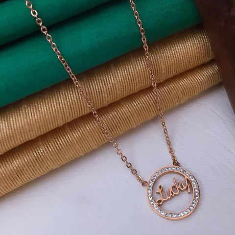 Lucky Word Round Gold Pendant with Chain Swarovski Crystal Brass Plated Brass Chain ClothsVilla Main image
