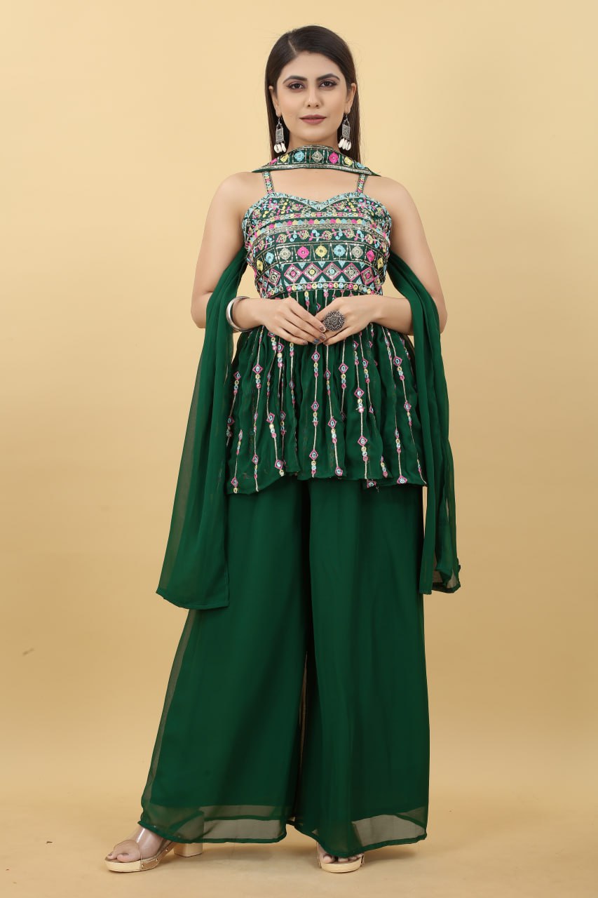 Luxuriant Dark Green Color Thread Sequence Sharara Suit Clothsvilla