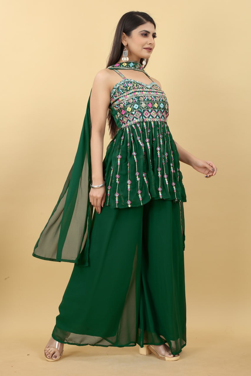 Luxuriant Dark Green Color Thread Sequence Sharara Suit Clothsvilla