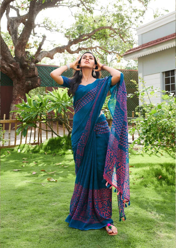 Blue and Purple Linen Printed Saree ClothsVilla