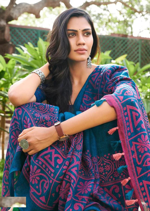 Blue and Purple Linen Printed Saree ClothsVilla Main image