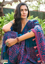Load image into Gallery viewer, Blue and Purple Linen Printed Saree ClothsVilla