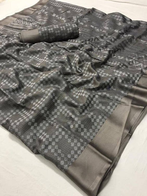 Grey Printed Saree in Linen Fabric ClothsVilla Main image