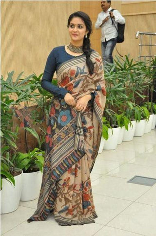 Peach Linen Flower Printed Saree with Dark Grey Blouse ClothsVilla