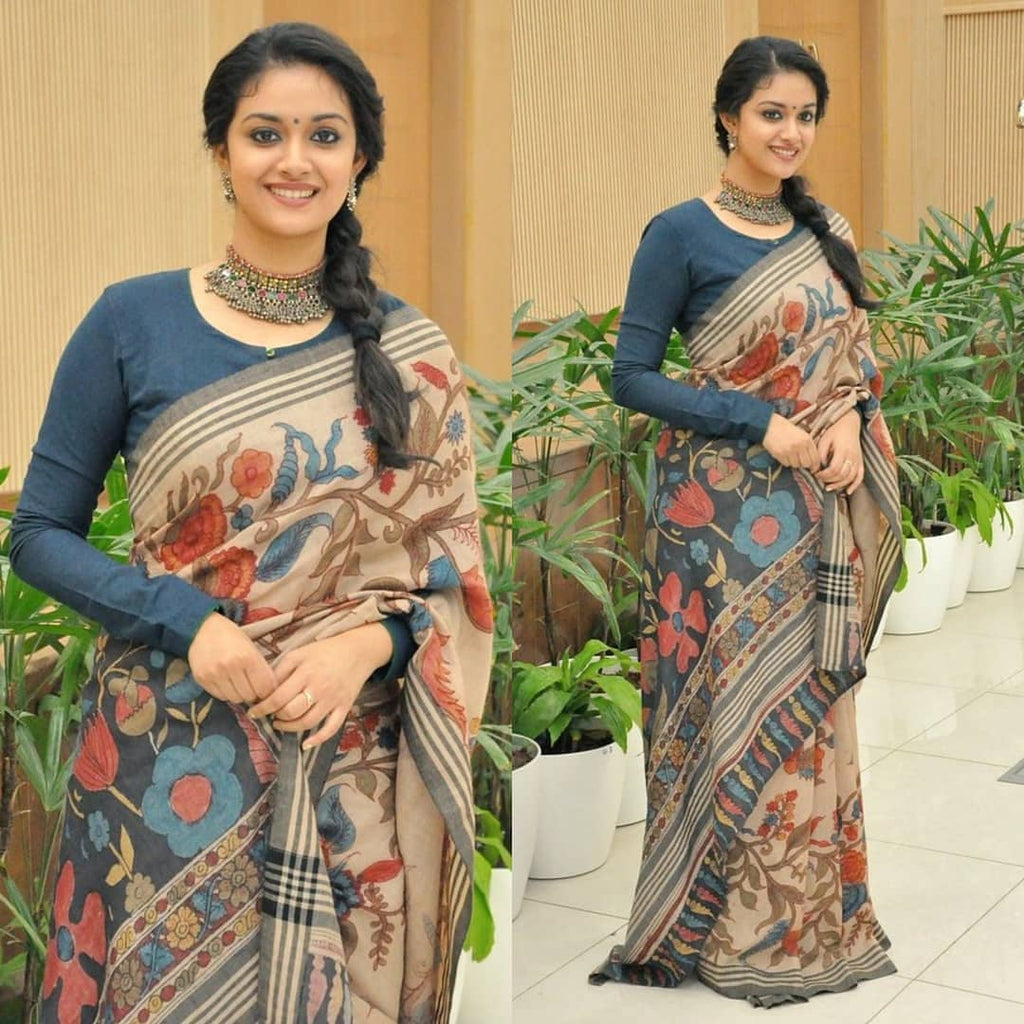 Peach Linen Flower Printed Saree with Dark Grey Blouse ClothsVilla