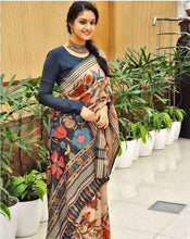 Load image into Gallery viewer, Peach Linen Flower Printed Saree with Dark Grey Blouse ClothsVilla