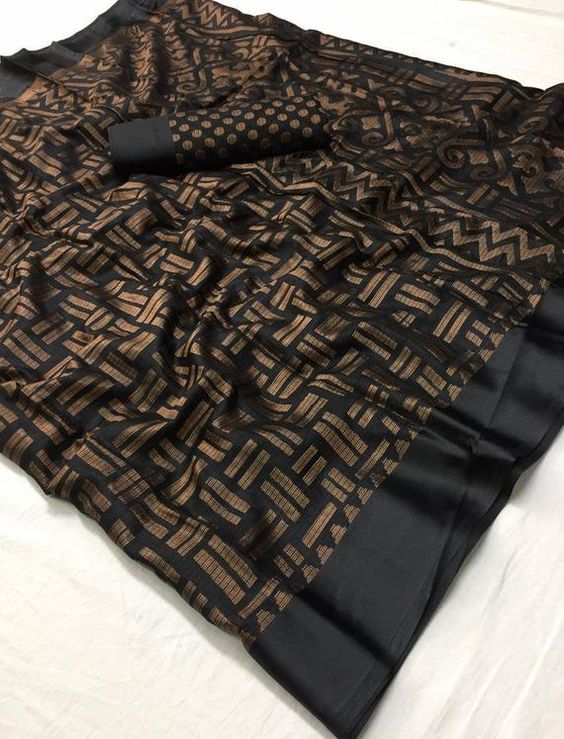 Copper and Black printed Linen Saree ClothsVilla