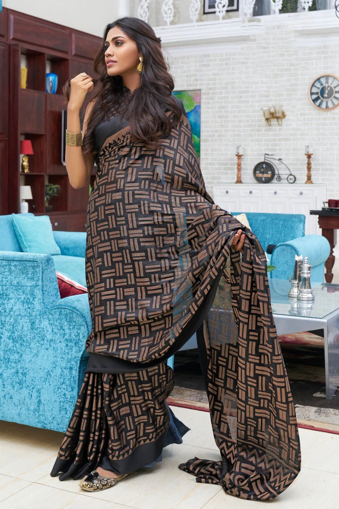 Copper and Black printed Linen Saree ClothsVilla