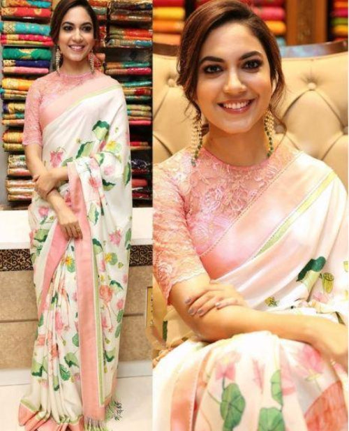 White Flower Printed Saree in Linen Fabric ClothsVilla