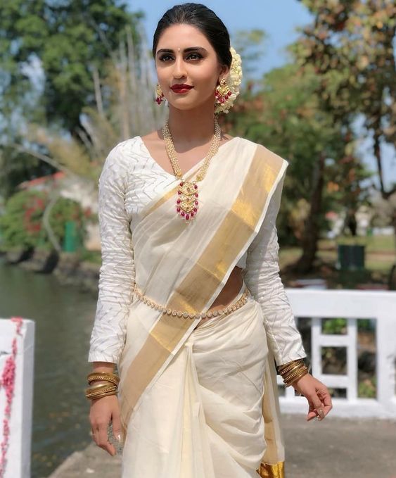 White Printed Saree in Linen Fabric ClothsVilla