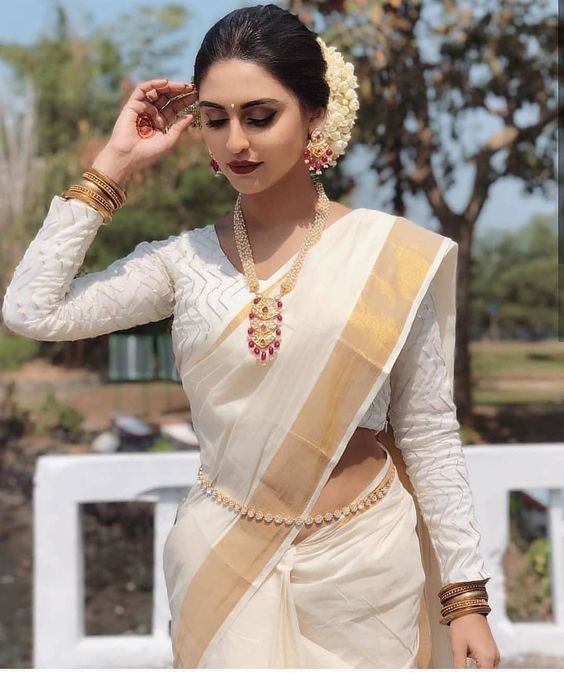 White Printed Saree in Linen Fabric ClothsVilla