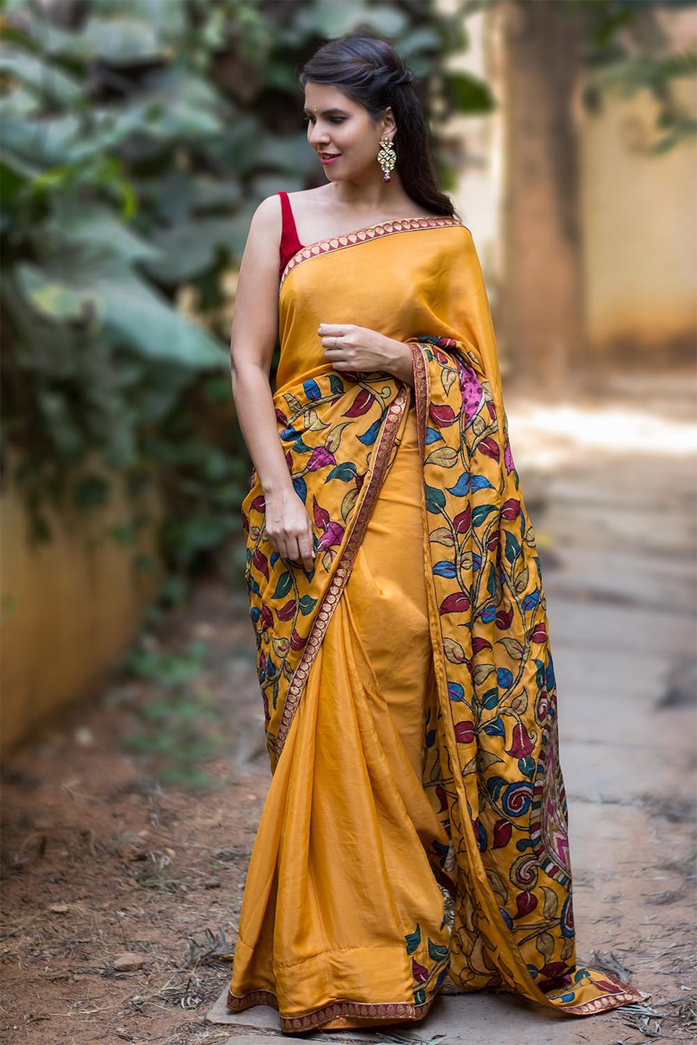 Yellow Linen printed Saree with Marron Blouse ClothsVilla
