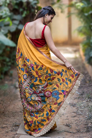 Yellow Linen printed Saree with Marron Blouse ClothsVilla