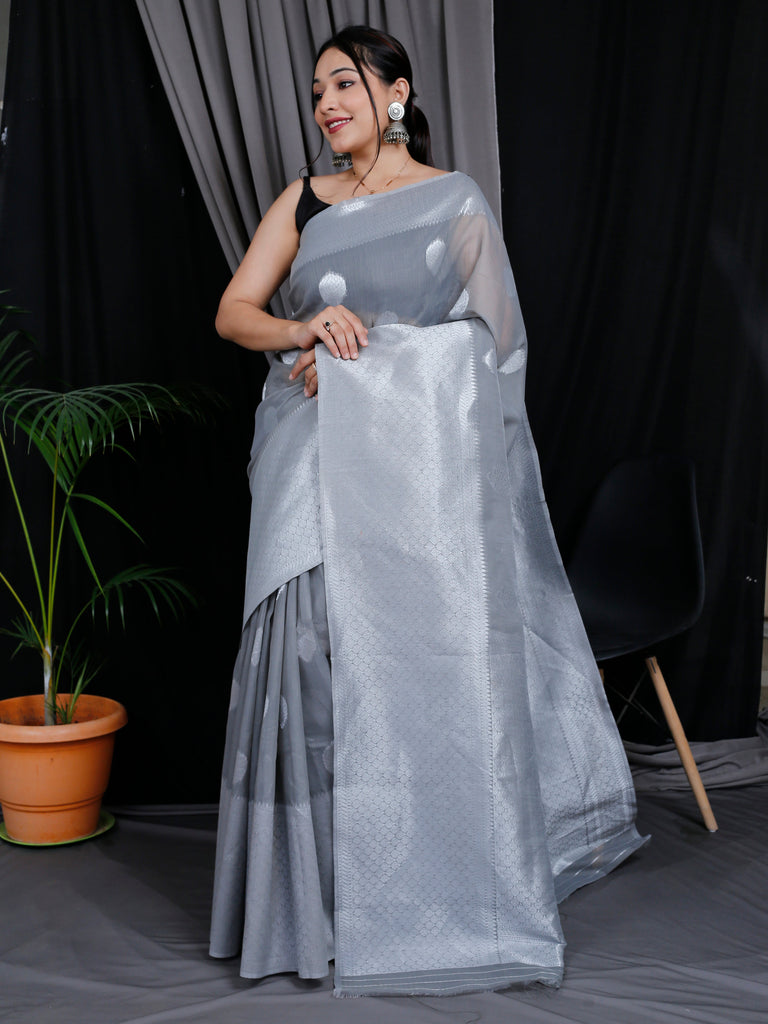 Linen Silk Silver Zari Woven Big Border Grey Clothsvilla