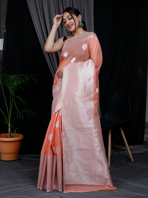 Linen Silk Silver Zari Woven Big Border Peach Clothsvilla Main image