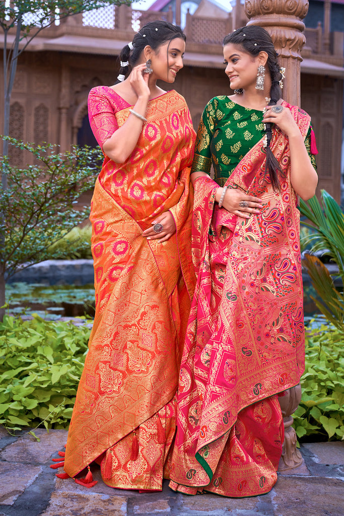 Orange Banarasi Silk Saree With Zari Weaving Work Clothsvilla