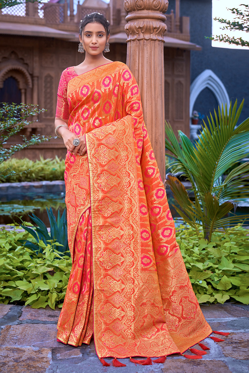 Orange Banarasi Silk Saree With Zari Weaving Work Clothsvilla Main image
