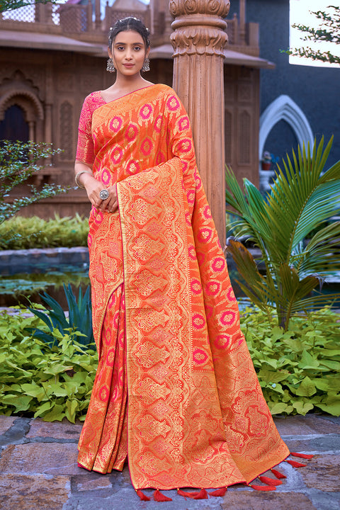 Orange Banarasi Silk Saree With Zari Weaving Work Clothsvilla Main image