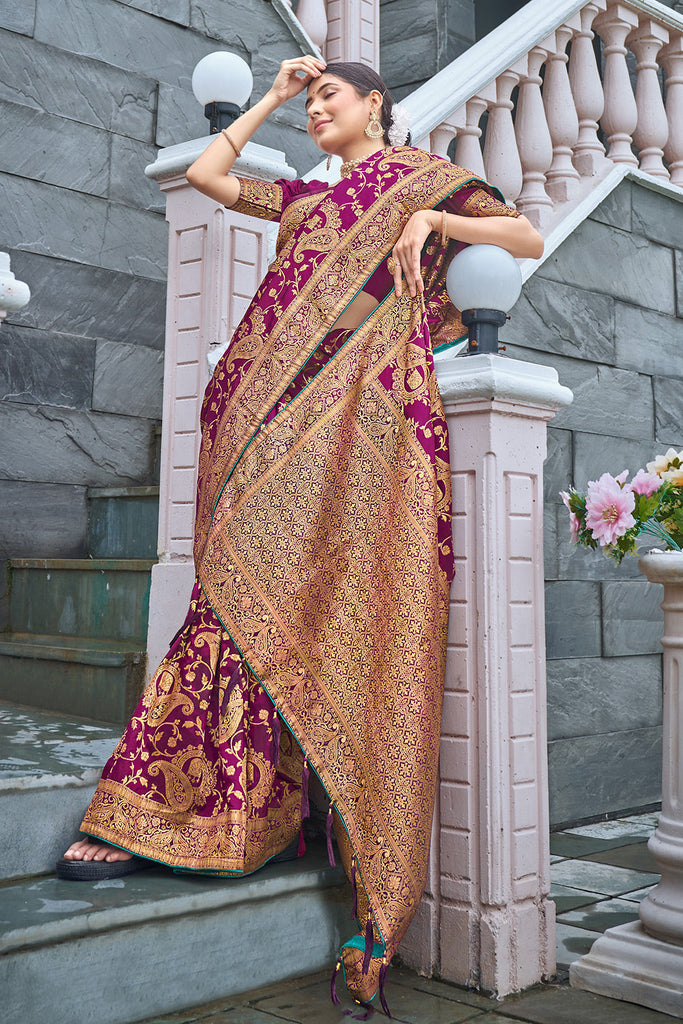 Magenta Banarasi Silk Saree With Zari Weaving Clothsvilla