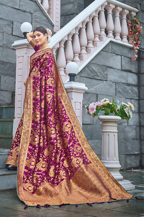 Magenta Banarasi Silk Saree With Zari Weaving Clothsvilla Main image