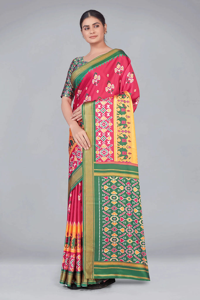 Pink & Green Patola With Digital Printed Saree Clothsvilla